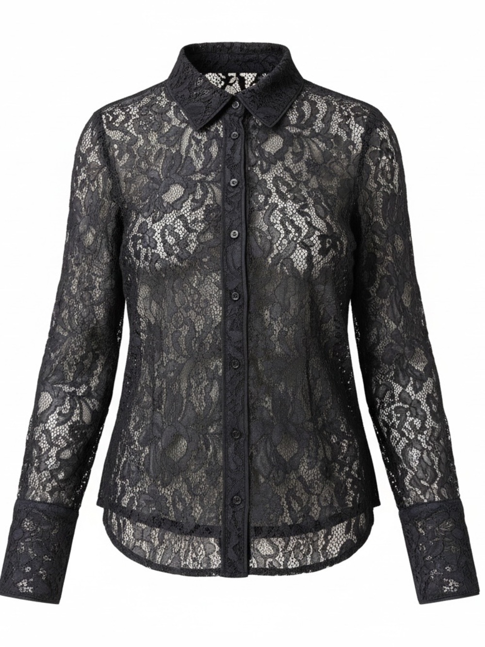Nannette Navy Blue Sheer Lace Button-Down Blouse